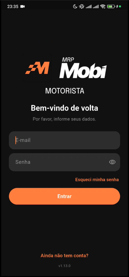 Tela de entrada do app MRP Mobi Motorista